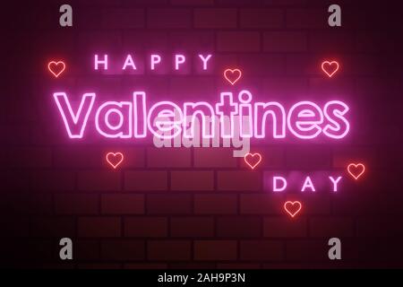 Die Inschrift in Neonbuchstaben von Happy Valentine's Day mit roten Herzen auf dem Hintergrund der Braun setna. Bildschirmschoner für den Urlaub, eine Fahne f Stockfoto