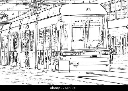 Blick auf die Stadt. Das städtische Leben mit der Straßenbahn. Hand Skizze gezeichnet Stock Vektor