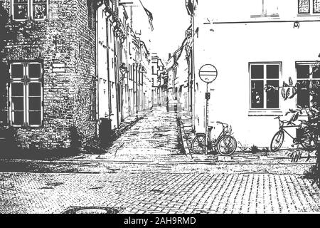 Europäische Stadt. Altstadt gasse mit STOP-Schild. Jahrgang hand gezeichnete Skizze Stock Vektor