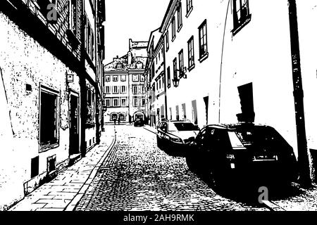 Europäische Stadt. Altstadt gasse mit parkenden Autos. Jahrgang hand gezeichnete Skizze Stock Vektor