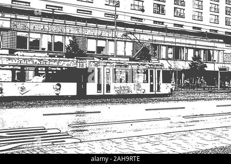 Deutsche Blick auf die Stadt. Das städtische Leben mit der Straßenbahn. Hand Skizze gezeichnet Stock Vektor