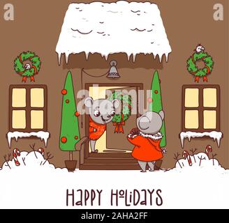Postkarte mit Ratten frohe Feiertage. Weihnachten niedlich Postkarte mit Ratten und Neues Jahr Haus Stock Vektor