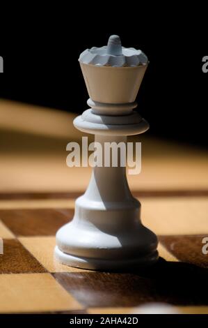 Weiße Königin auf einem Schachbrett aus Holz Stockfoto