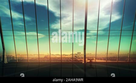 Leeres Interieur eines modernen Büros mit Panoramablick auf die Stadt. Stockfoto
