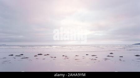 Den weiten Horizont erstreckt sich von einem Land zum anderen mit einem Strand und Algen im Vordergrund auf einem grauen bewölkten Tag. Stockfoto