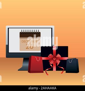 Computer, Geschenkbox und Einkaufstaschen, Boxen verkauf Design Stock Vektor