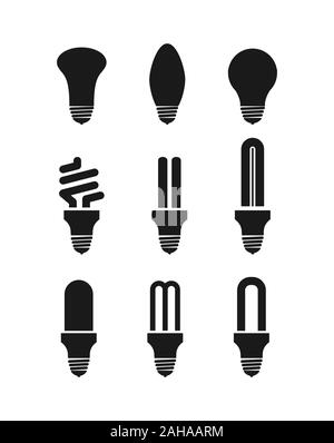 Satz von Silhouetten der Beleuchtung Lampen. Glühlampe, LED-Lampe und Gas Lamp. Flat Style auf weißem Hintergrund der Symbole und Embleme isoliert. Stock Vektor