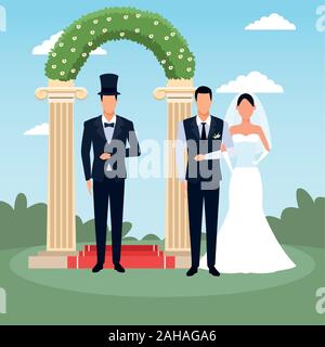 Avatar eleganten Mann mit Braut und Bräutigam stehen über Blumen arch und Landschaft Hintergrund Stock Vektor