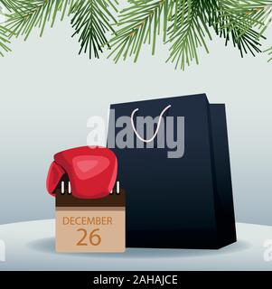 Boxing Verkauf farbenfrohes Design mit Einkaufstasche und Kalender mit 26. Dezember Datum über grauer Hintergrund Stock Vektor