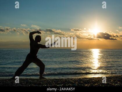 Single mann Martial Arts am Strand bei Sonnenuntergang. Wushu Stockfoto