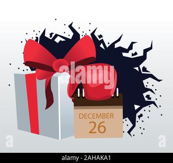 Boxing Verkauf farbenfrohes Design mit Geschenkbox und Kalender mit 26. Dezember Datum Stock Vektor