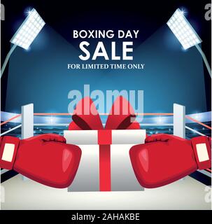 Boxing Verkauf farbenfrohes Design mit Geschenkbox und Boxhandschuhe über boxring Hintergrund Stock Vektor