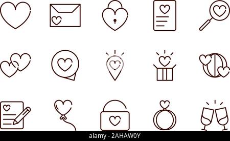 Liebe Herz romantische Leidenschaft Gefühl ähnliche Symbole Sammlung Vektor-illustration dicke Linie Stock Vektor
