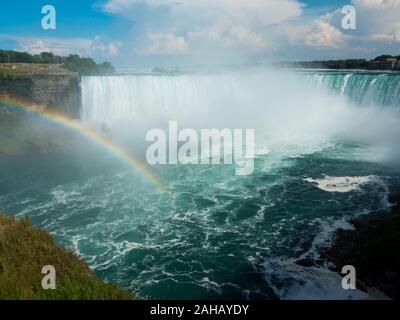 Schönen Regenbogen an einem sonnigen Tag über Niagara Falls Pool mit Pferdeshow fällt im Hintergrund. Keine Personen oder Schiffe sichtbar. Blauer Himmel und Wolken über fällt. Stockfoto