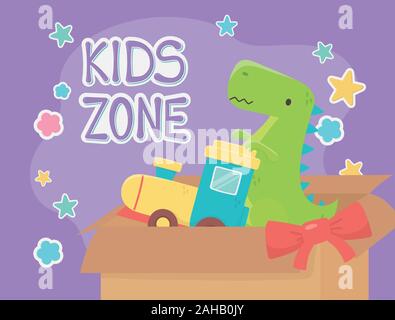 Kids Zone, gefüllt box Zug und grüne Dinosaurier Spielzeug Vector Illustration Stock Vektor