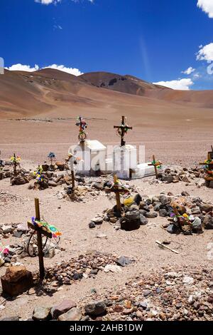 Gräber in der Wüste Friedhof außerhalb der Fernbedienung abgebrochen Bergbau Siedlung Ghost Town von Mina La Casualidad, in der Höhenlage puna Hochland Wüste der Provinz Salta im Norden Argentiniens Stockfoto