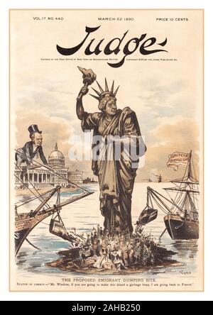 Satirische USA Cartoon 1890 Angriffe einen Vorschlag von William Windom, Sekretär des Schatzamtes im Harrison Verwaltung, die Verarbeitung von Einwanderern aus, um die Batterie zu Liberty Island zu bewegen. Zwei "Europäische Müll Schiffe", eine mit der Aufschrift "Verweigern", kurzerhand einen schäbigen Mix von Einwanderern an den Füßen der Freiheitsstatue. Windom schaut aus der Staatskasse Gebäude in Washington als Lady Liberty, ihr Gesicht war wütend, hebt ihre Roben von verschmutzt werden zu halten. "Mr. Windom," sagt sie, "wenn Sie machen diese Insel zu einem Müllhaufen, bin ich zurück nach Frankreich zu gehen.' Stockfoto