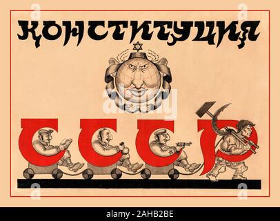 TITEL VERFASSUNG SOWJETISCHES ANTISEMITISCHES PROPAGANDAPLAKAT DER 1930ER JAHRE AUS DER ANTIJÜDISCHEN KARIKATUR DER CCCP AUS DEN 1930ER JAHREN, DIE RUSSISCHEN ARBEITER ZEIGT, DER HAMMER UND SICHEL ALS ARBEITSSKLAVE JÜDISCHER MEISTER TRÄGT, DIE DIE WELT BEHERRSCHEN. Karikaturstereotype jüdische Merkmale, die verzerrt sind, um in die politische Erzählung zu passen. KONSTITUTSIYA SSSR, 1930er Jahre, Farblithographie Stockfoto