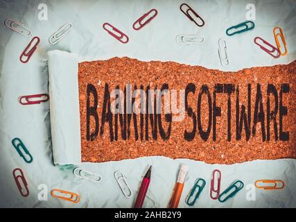 Konzeptionelle Hand schreiben Übersicht Banking Software. Begriff Sinne bezieht sich in der Regel auf Core Banking Software und Schnittstellen der Stationären und zerrissen cardboa Stockfoto