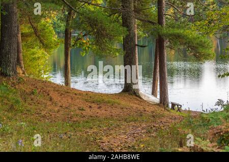 Ein altes Ruderboot liegt am Ufer des Sonnenfisch See in Nordwisconsin. Stockfoto