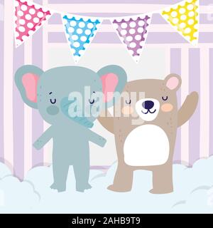 Baby-dusche niedliche Elefant und Bär mit Bunting flags cartoon Vector Illustration Stock Vektor