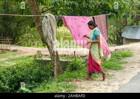 Eine junge lokale Frau in einem traditionellen bunten Sari Spaziergänge am Straßenrand im Kaziranga, Golaghat Bezirk, Bochagaon, Assam, Indien Stockfoto