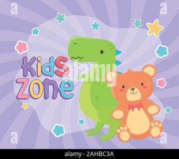 Kids Zone, Teddybären und grüne Dinosaurier Spielzeug Vector Illustration Stock Vektor