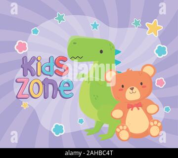 Kids Zone, Teddybären und grüne Dinosaurier Spielzeug Vector Illustration Stock Vektor