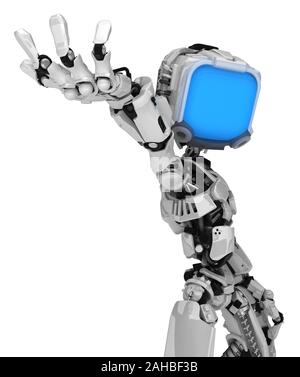 Bildschirm Roboter Abbildung Charakter hand Unterstützung darstellen, 3D-Illustration, Vertikal, isoliert Stockfoto