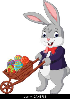 Cartoon Kaninchen drücken Warenkorb voller Ostereier Stock Vektor