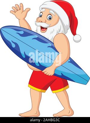 Cartoon Santa Claus mit einem Surfbrett Hand winken Stock Vektor