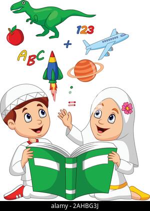 Cartoon muslimischen Kinder lesen Buch Bildung Konzept Stock Vektor