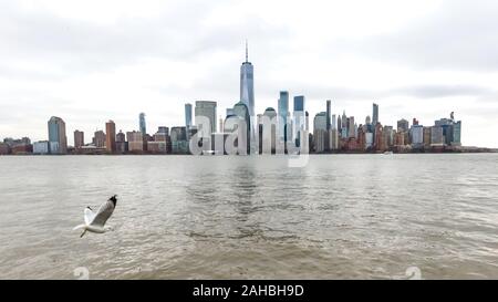 New York, USA, 27. Dezember 2019. Möwen fliegen über den Hudson River gegen die Skyline von Lower Manhattan in New York City. Credit: Enrique Ufer/Alam Stockfoto
