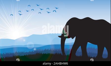 In das Feld in der Morgendämmerung Elephant Stock Vektor