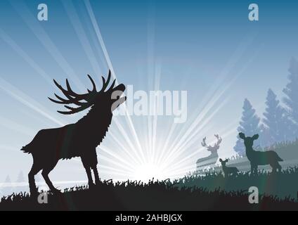 Silhouette einer Familie Reh stehend auf die Zeit von morgen. Vektor Stock Vektor