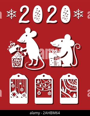 Das chinesische Neujahr Karte für Laser geschnitten. Happy Ratte nimmt Käse aus der Box. Ratte hält Geschenk. Winter tags Stock Vektor