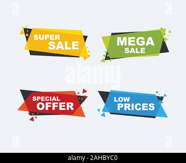 Sammlung von Verkauf Rabatt gestaltete Banner, Embleme, Etiketten, Tags, Ribbon. Flache Bauweise große Verkauf, Sonderpreis, Saison und Banner Vector Illustration Stock Vektor