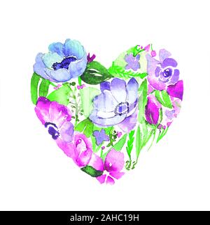 Helles Herz aus Blumen in Aquarell. Romantische cartoon Einladungskarte. Elegantes Design in hellen Farben. Valentinstag Herz mit anem Stockfoto