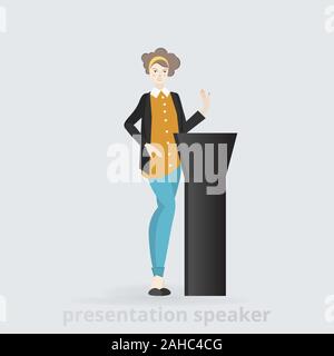 Cartoon schön lächelnde Frau Lautsprecher geben Rede von Tribune business lady, Vector Illustration, Leadership Trait, professionelle Präsentation Cha Stock Vektor