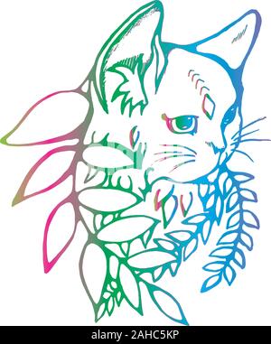 Neon Abbildung eines Gradienten Katze im Profil mit einem dritten Auge. Katze und Pflanze. Die Idee für ein Tattoo. Stock Vektor
