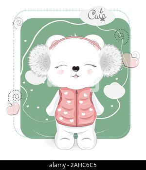 Niedlich gezeichnet Winter baby Teddy Bear, in Kopfhörer. Bild in der Hand Zeichnung Cartoon Stil, für t-shirt fashion Print Design, Grußkarte, postcar Stock Vektor