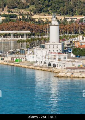 Malaga, Spanien - Dezember 4, 2018: Malaga Leuchtturm La Farola an sonnigen Wintertag in Malaga, Andalusien, Spanien. Stockfoto