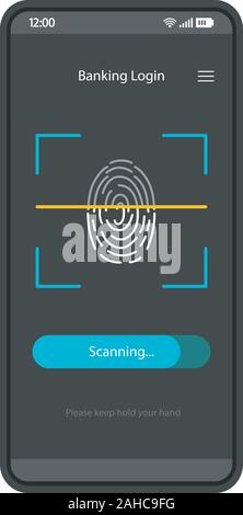 Scannen von Fingerabdrücken Smartphone App interface Vektor Vorlage. Biometrische Authentifizierung. Mobile Seite schwarzes Design Layout. Finger Scanner s Stock Vektor