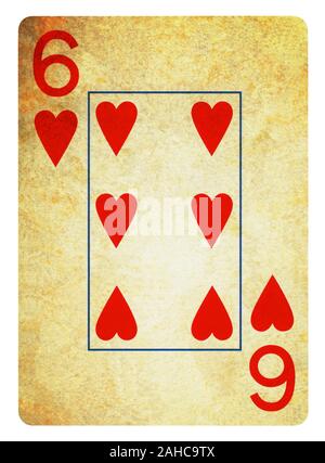 Sechs der Herzen Vintage Playing Card - isoliert auf weißem (clipping path enthalten) Stockfoto