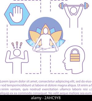 Stressbewältigung Konzept linear Vector Illustration. Psychische Gesundheit. Artikel, Broschüre, Zeitschrift Seite Layout mit Textfeldern. Entspannen. Psychologische Hel Stock Vektor