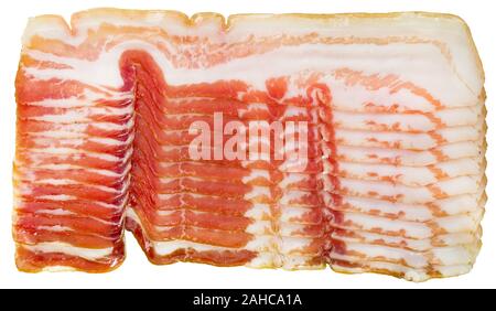 Nahaufnahme von dünnen Scheiben geräucherten Bauchspeck Seite Speck. Auf weissem Hintergrund Stockfoto