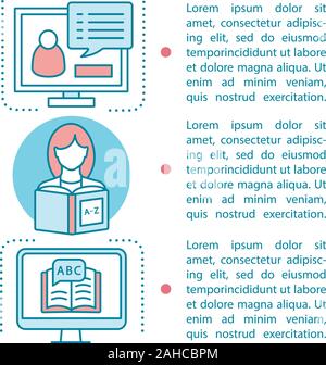 Sprache lernen Artikel Seite vektor Vorlage. Online Bildung. Broschüre, Zeitschrift, Broschüre Design Element mit Textfeldern. Sprachkurse Stock Vektor