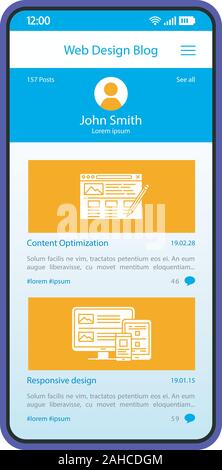 Blogging app smartphone Schnittstelle vektor Vorlage. Mobile Seite Blue design Layout. Web Designer, Blogger, wird das Fenster Profil. sharing Beiträge Anwendung. Fl Stock Vektor