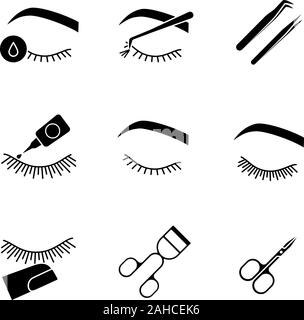 Eyelash Extension Glyphe Symbole gesetzt. Silhouette Symbole. Make-up-Tools. Primer, Cluster, Pinzette, Schere, Klebstoff, Lockenwickler, Stop berühren, vor und afte Stock Vektor