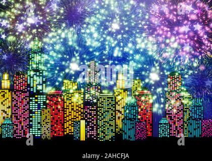 Retro City Design mit leuchtenden neon Windows und Feuerwerk in den Himmel. Stockfoto